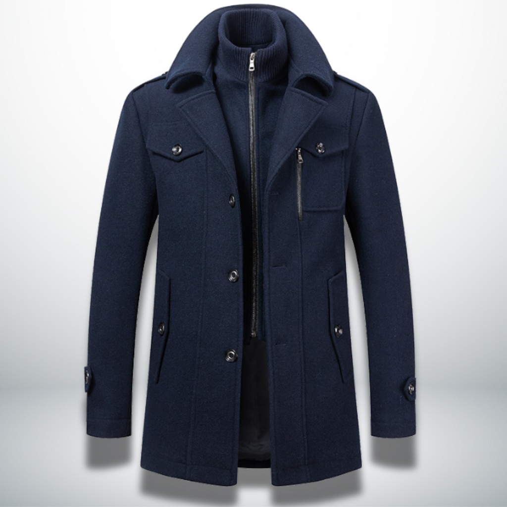 Manteau Peacoat en Laine Mélangée pour Homme – Veste à Double Col avec Fermeture Zippée Intégrale - Bleu foncé