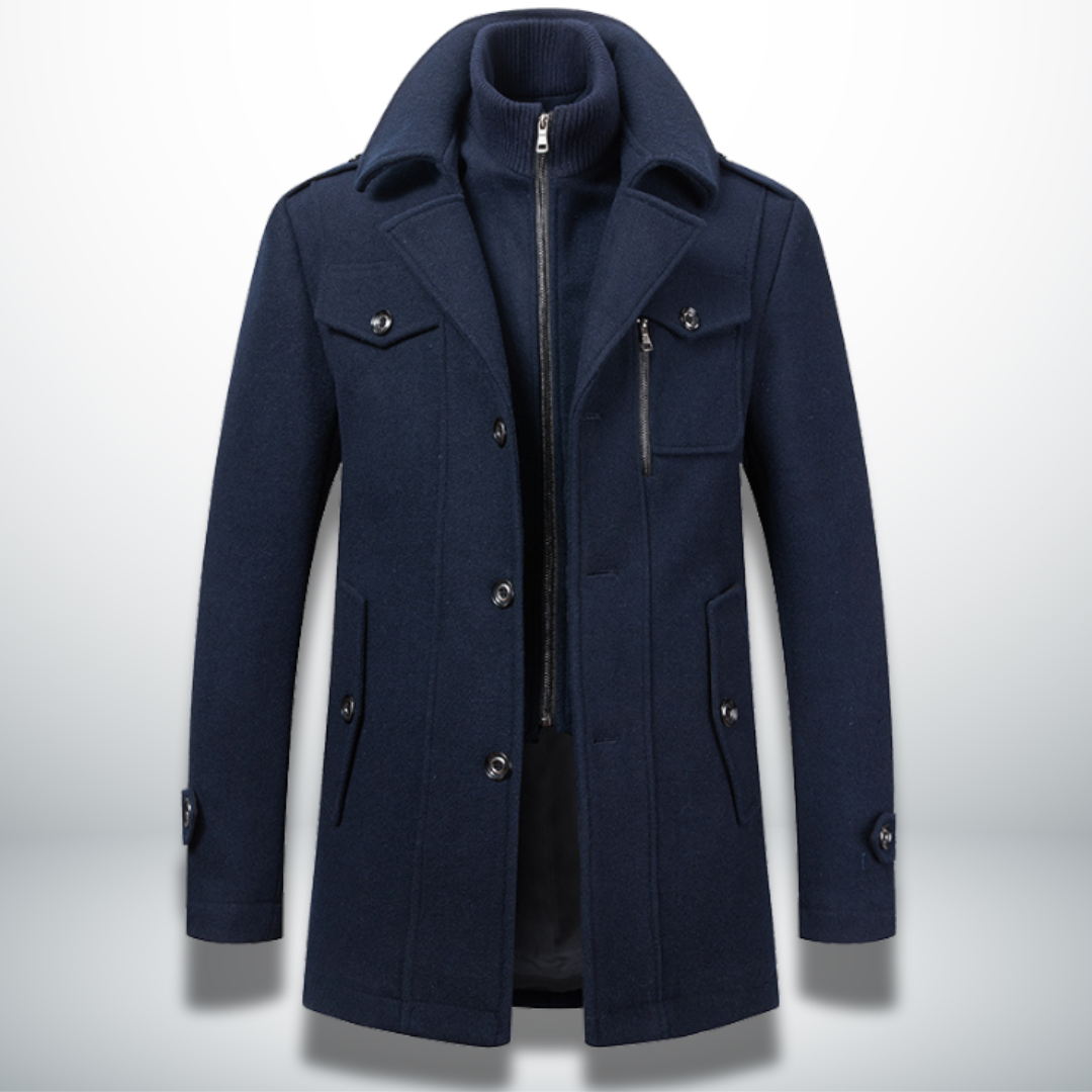 Manteau Peacoat en Laine Mélangée pour Homme – Veste à Double Col avec Fermeture Zippée Intégrale - Bleu foncé