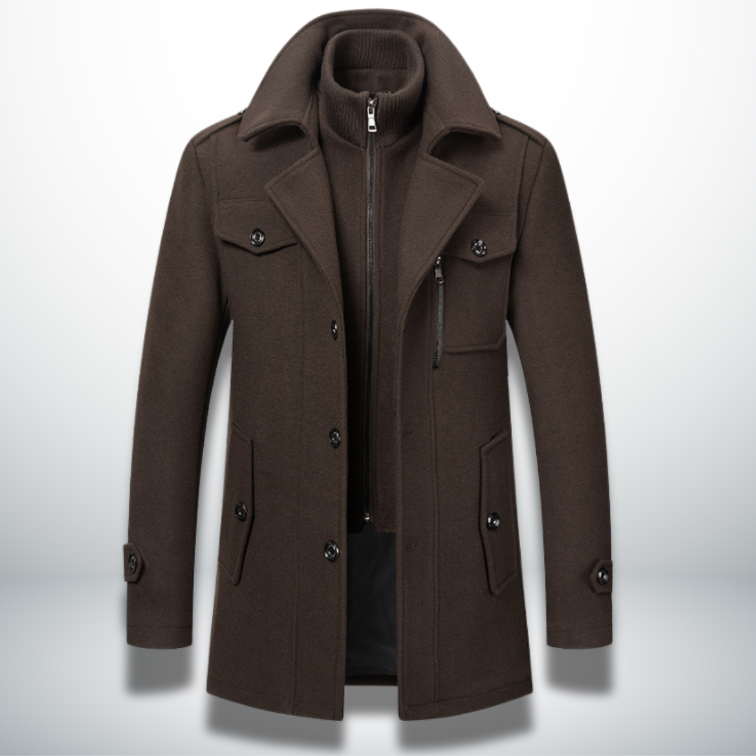 Manteau Peacoat en Laine Mélangée pour Homme – Veste à Double Col avec Fermeture Zippée Intégrale - Brun