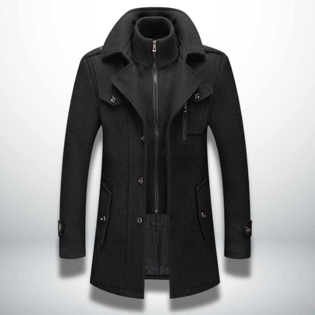 Manteau Peacoat en Laine Mélangée pour Homme – Veste à Double Col avec Fermeture Zippée Intégrale - Noir
