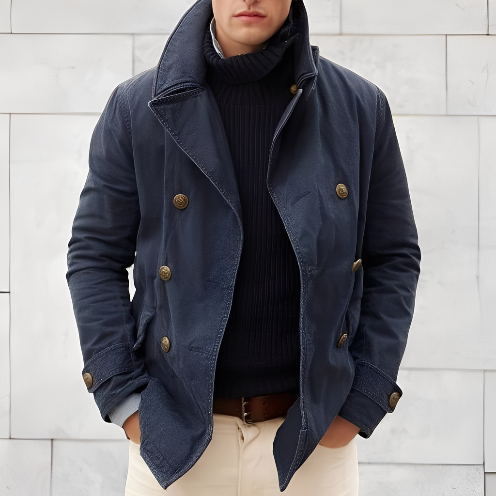 Manteau Peacoat Moderne Homme à Double Boutonnage – Veste Vintage Coupe Vent à Col Cranté - Bleu