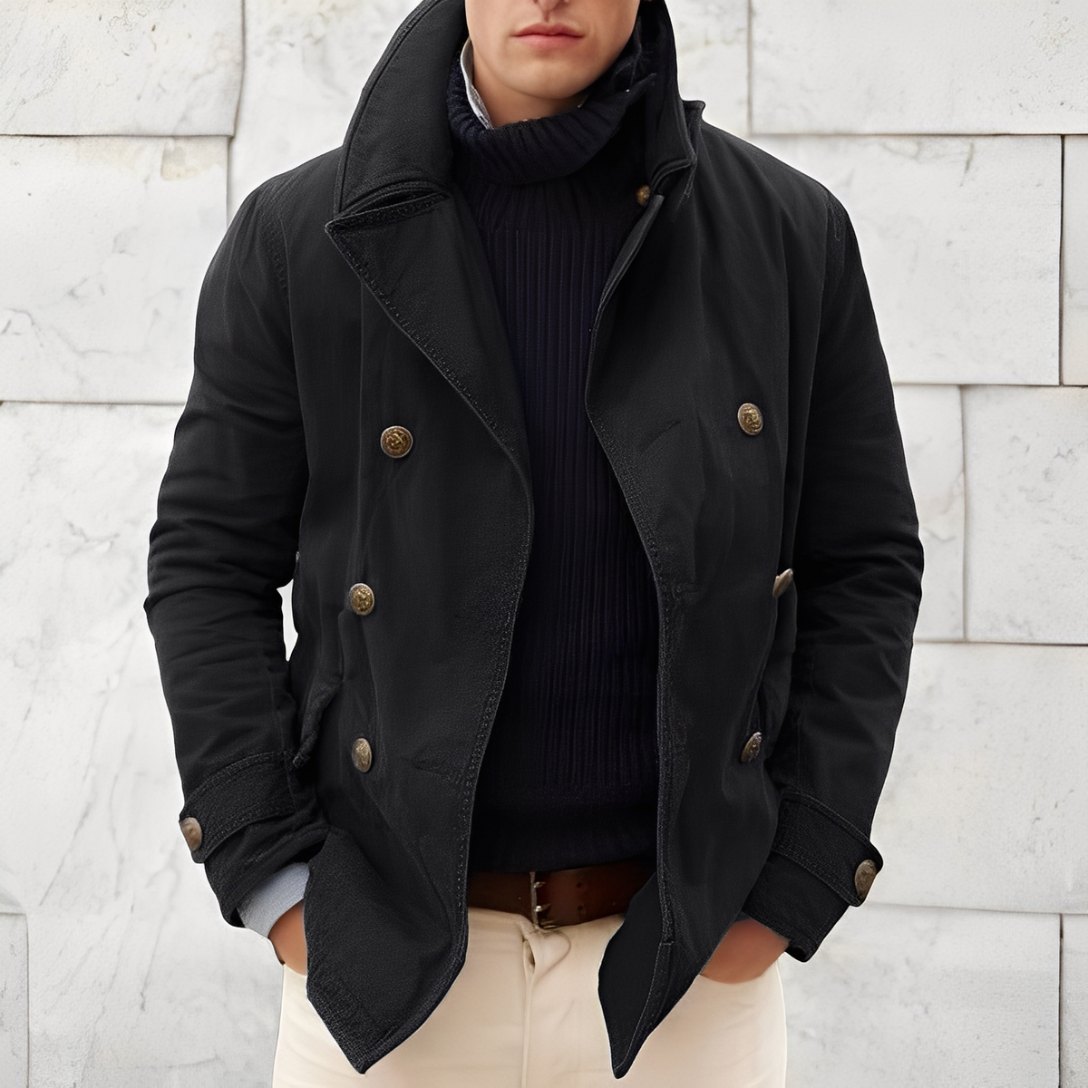 Manteau Peacoat Moderne Homme à Double Boutonnage – Veste Vintage Coupe Vent à Col Cranté - Noir