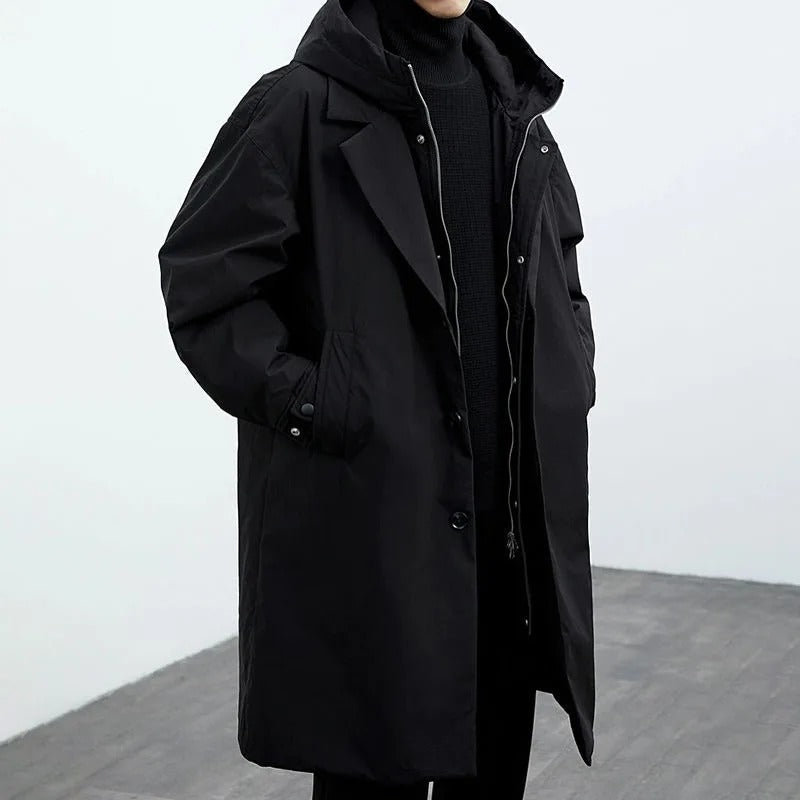 Manteau Trench Long pour Homme avec Capuche – Vêtement Chaud Isolé pour Temps Froid - Noir