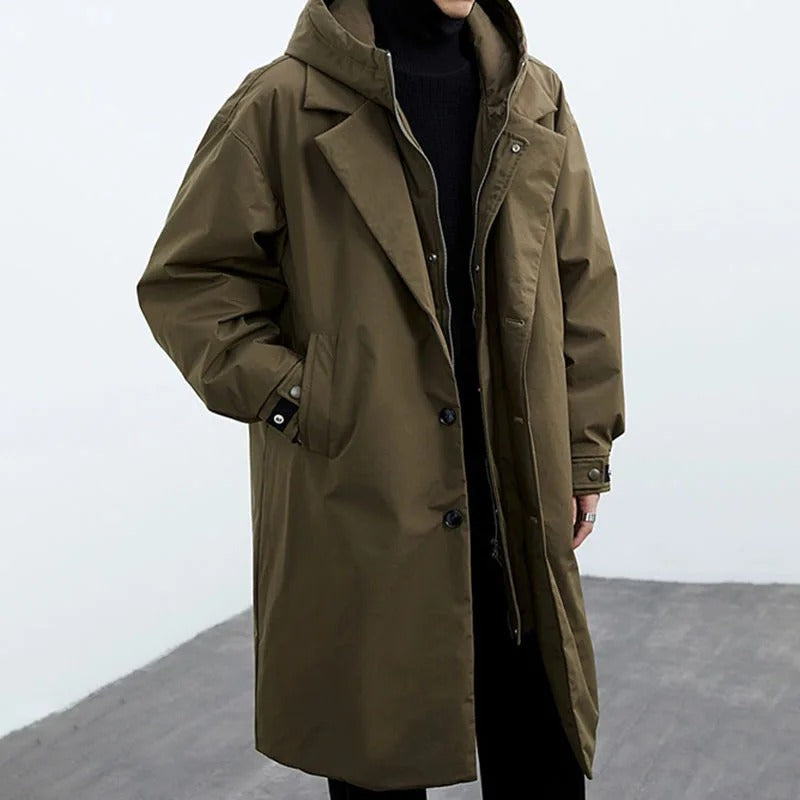 Manteau Trench Long pour Homme avec Capuche – Vêtement Chaud Isolé pour Temps Froid - Vert armée