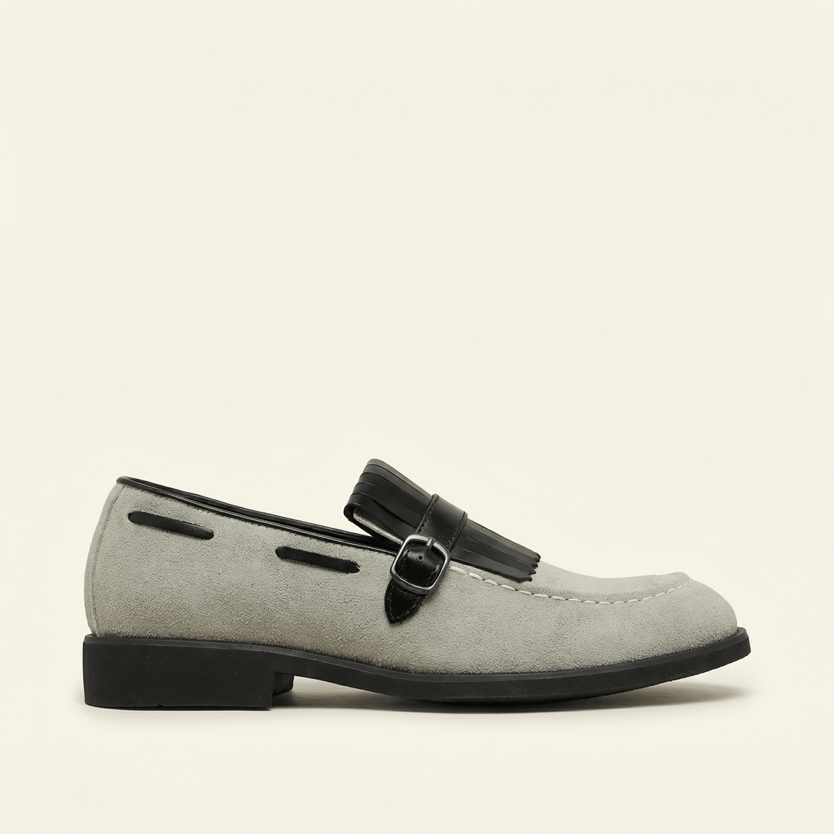 Mocassin à Franges et Boucle Décorative en Cuir Velours - Beige