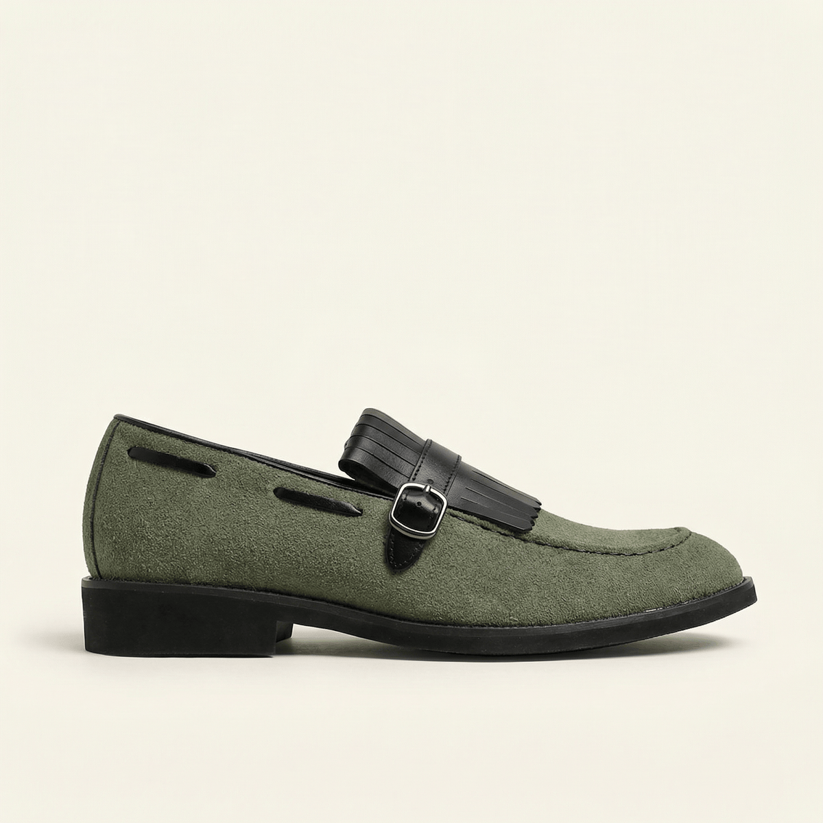 Mocassin à Franges et Boucle Décorative en Cuir Velours - Vert
