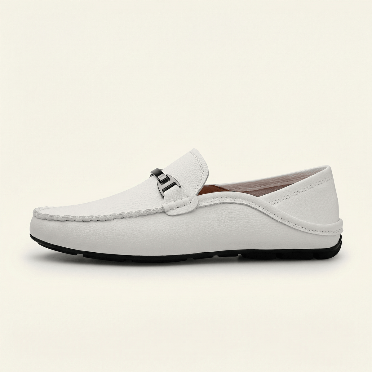 Mocassin à Ornement Métallique en Cuir Lisse - Blanc