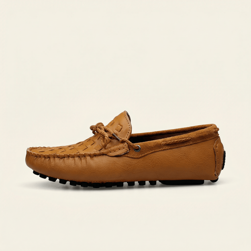 Mocassin à Picots Tressé en Cuir avec Lacets Décoratifs - Camel