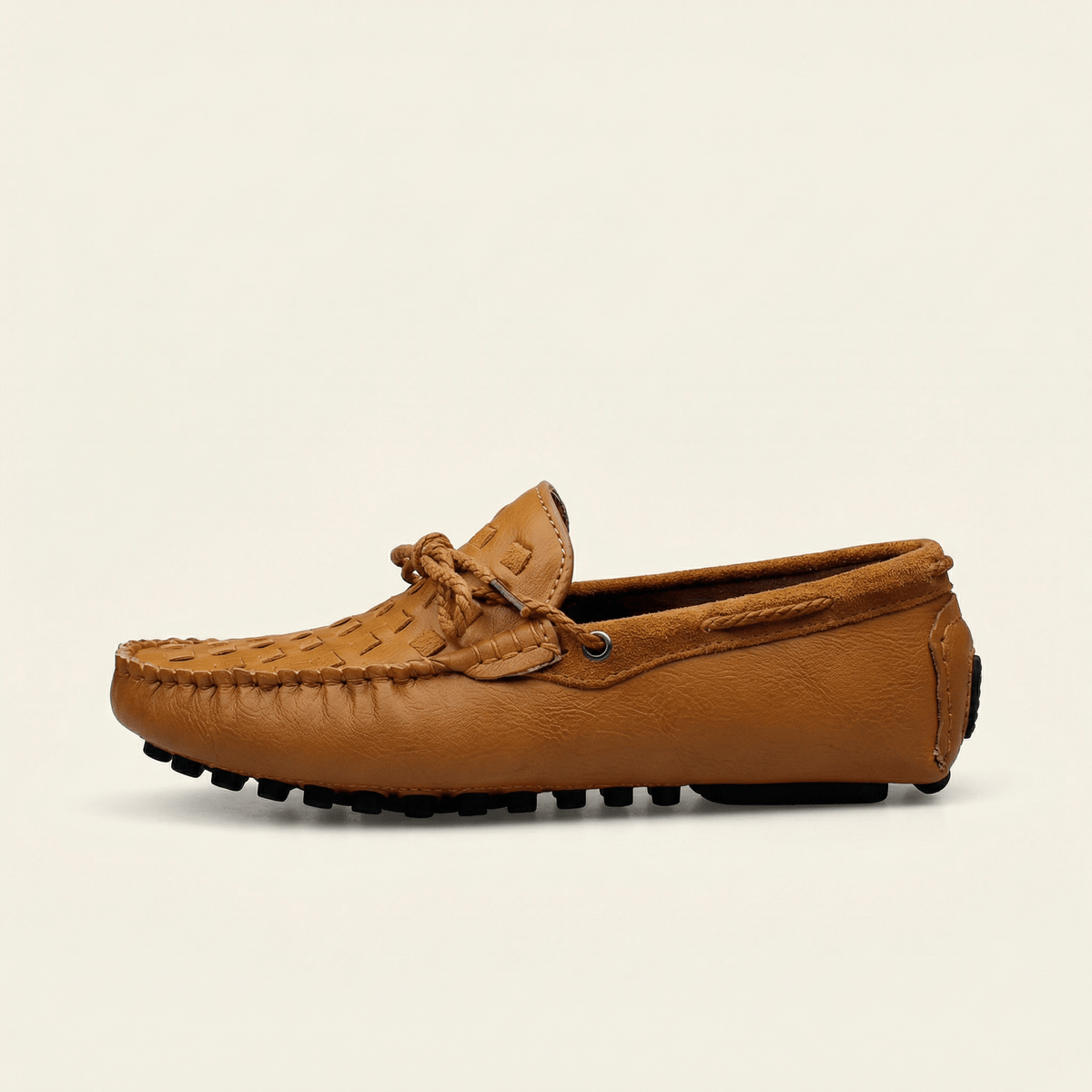 Mocassin à Picots Tressé en Cuir avec Lacets Décoratifs - Camel