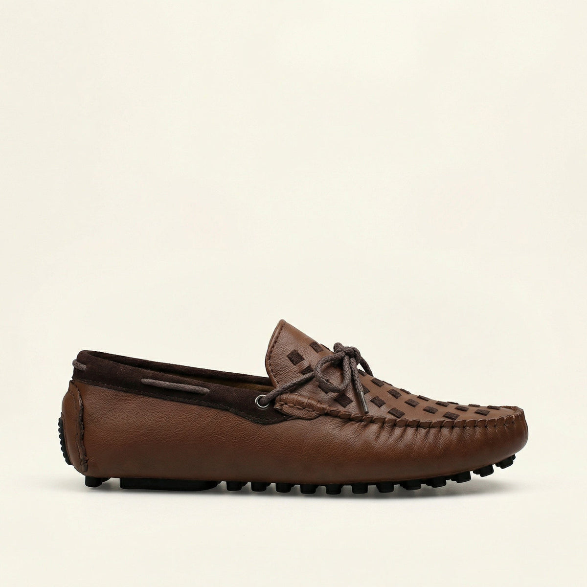 Mocassin à Picots Tressé en Cuir avec Lacets Décoratifs - Marron