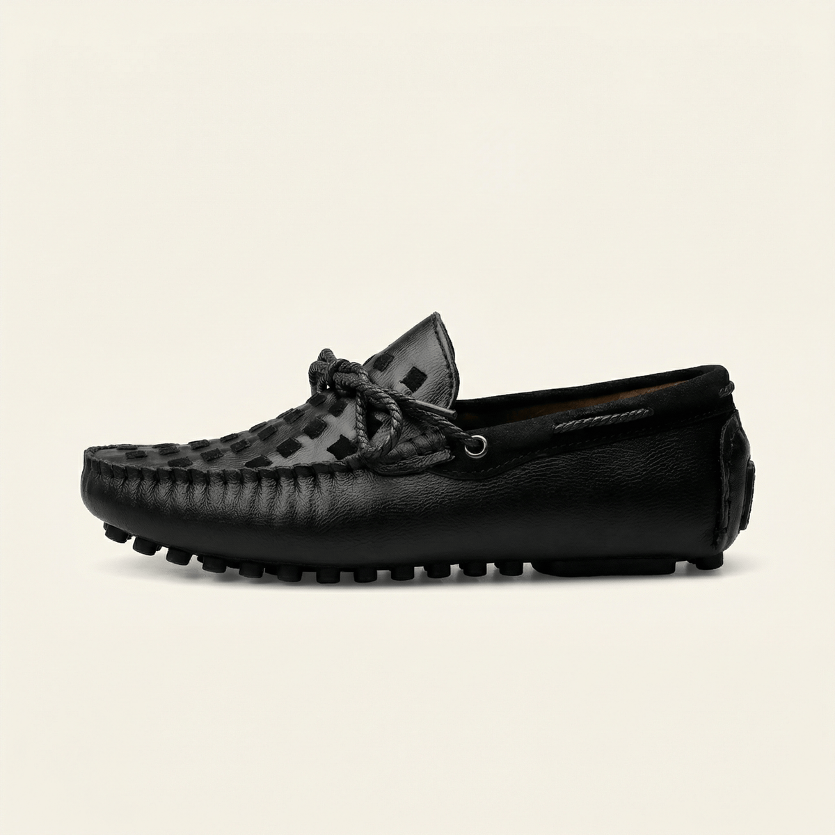 Mocassin à Picots Tressé en Cuir avec Lacets Décoratifs - Noir