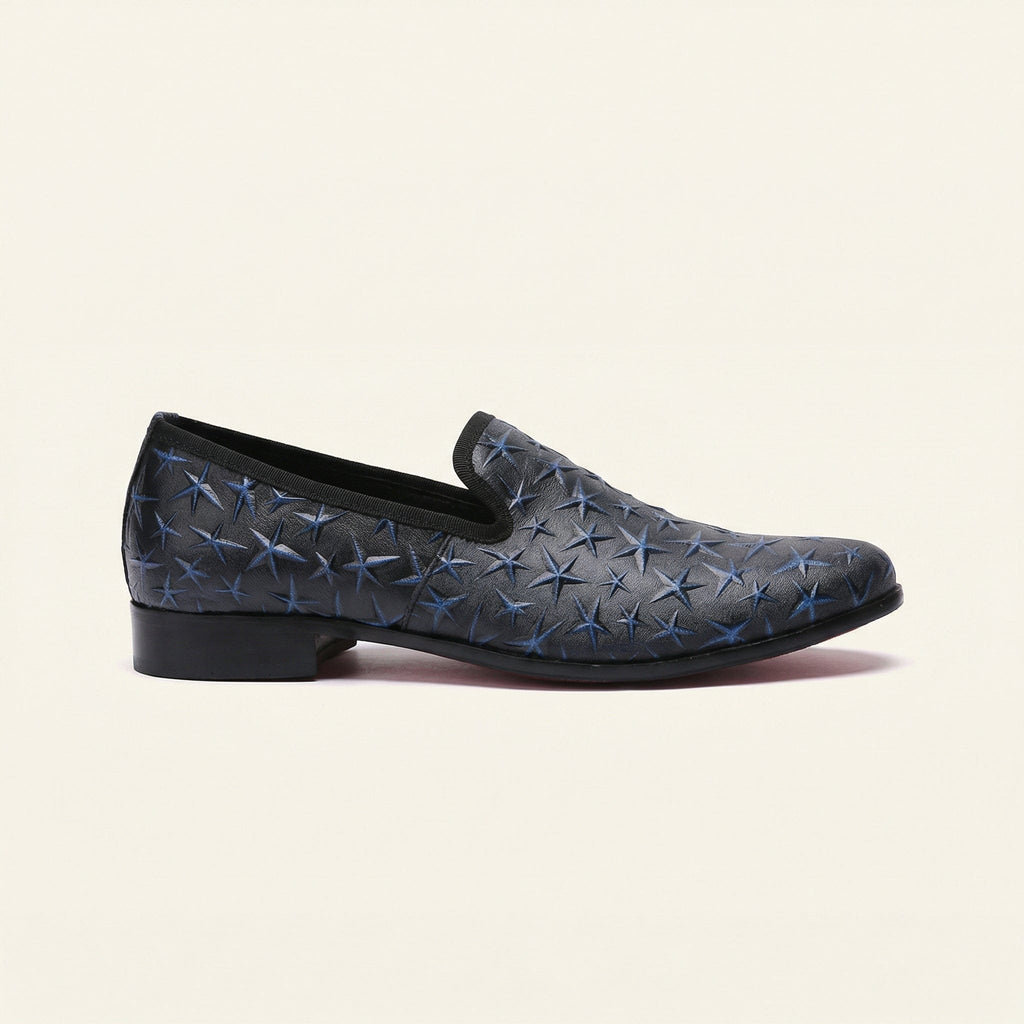 Mocassin Habillé Homme en Cuir Embossé à Motif Étoiles - Bleu