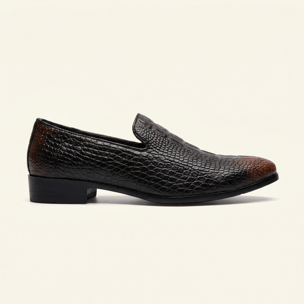 Mocassin homme effet cuir crocodile en PU - Patiné Brun