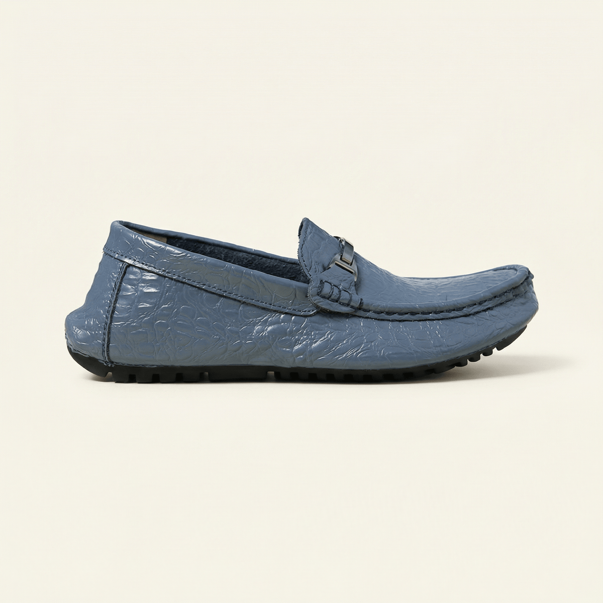 Mocassin Homme en Cuir Embossé Froissé à Boucle Métal - Bleu