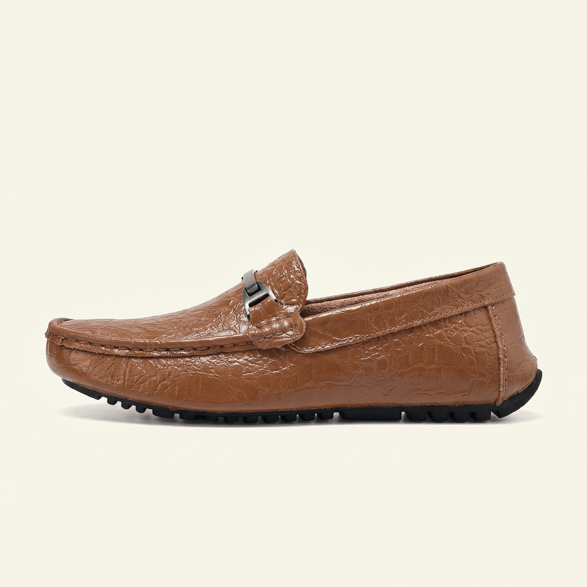 Mocassin Homme en Cuir Embossé Froissé à Boucle Métal - Marron