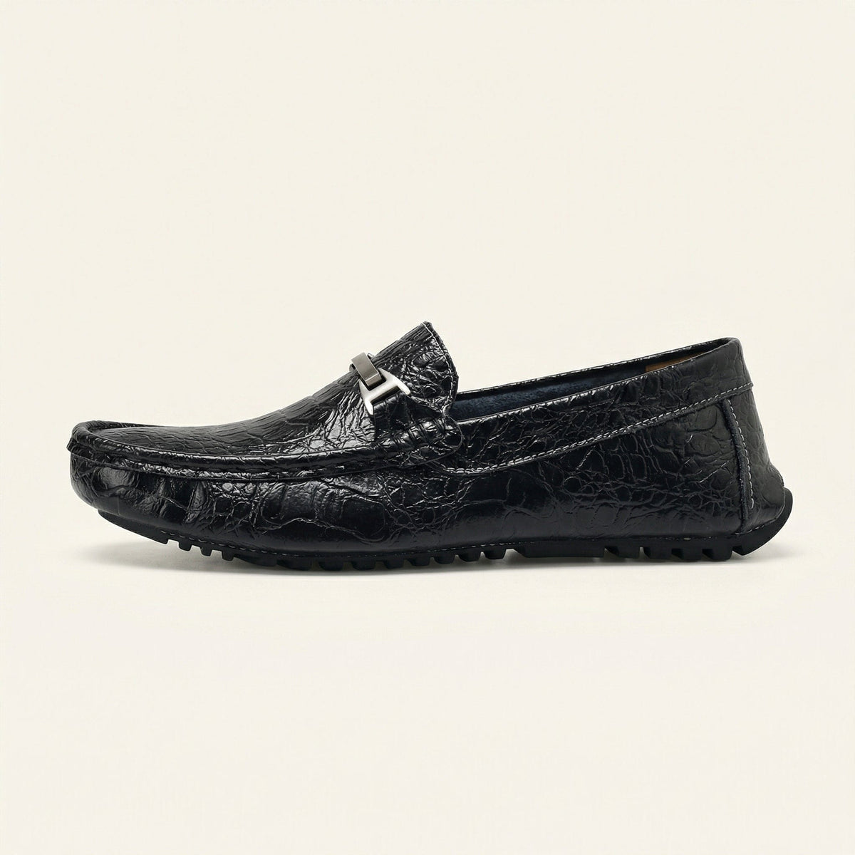 Mocassin Homme en Cuir Embossé Froissé à Boucle Métal - Noir