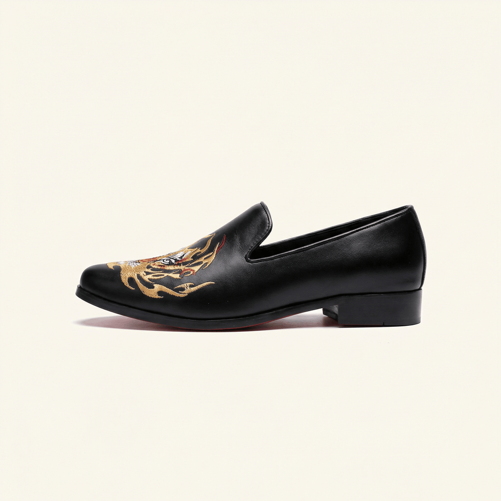 Mocassin Homme Mariage en Cuir Lisse Bordé Dragon - Noir