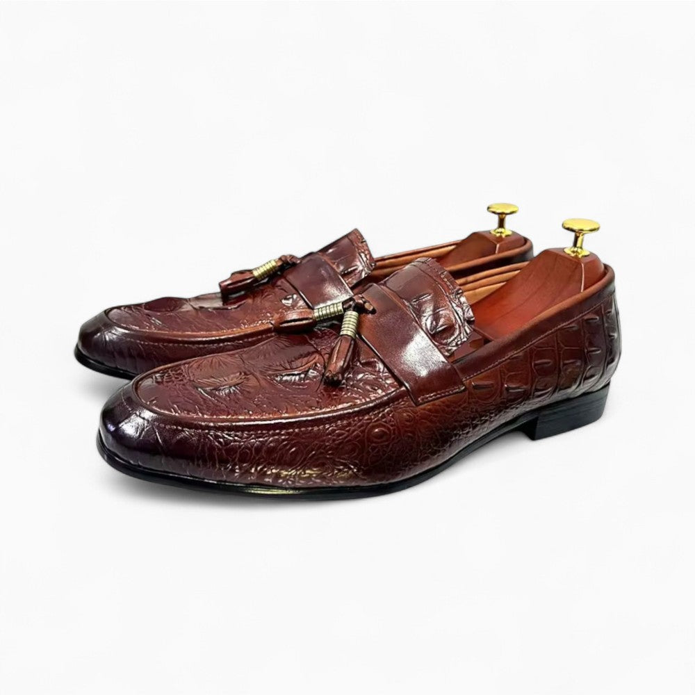 Mocassins à glands effet cuir croco en PU - Marron
