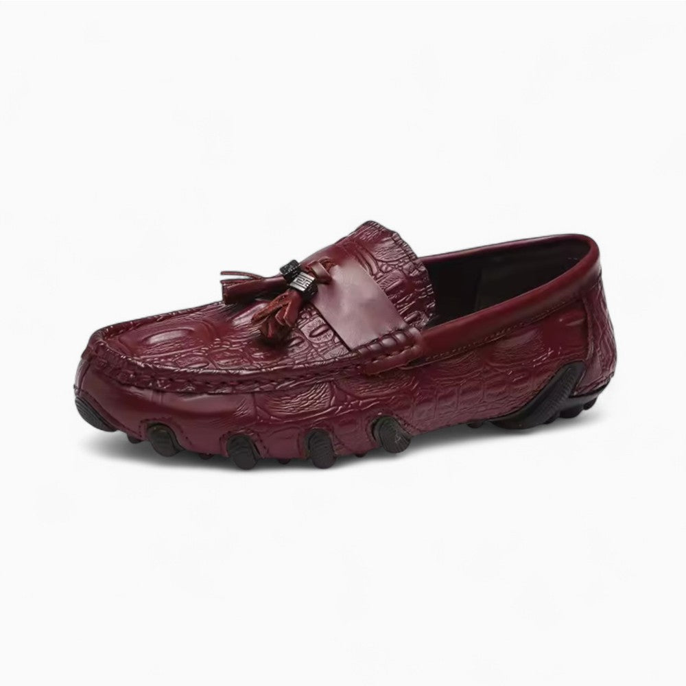 Mocassins À Glands En Cuir Véritable Effet Croco Pour Homme - Bordeaux