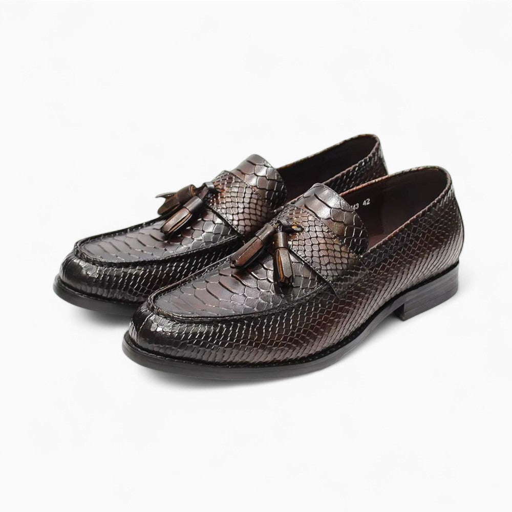 Mocassins À Glands En Cuir Véritable Effet Serpent - Marron