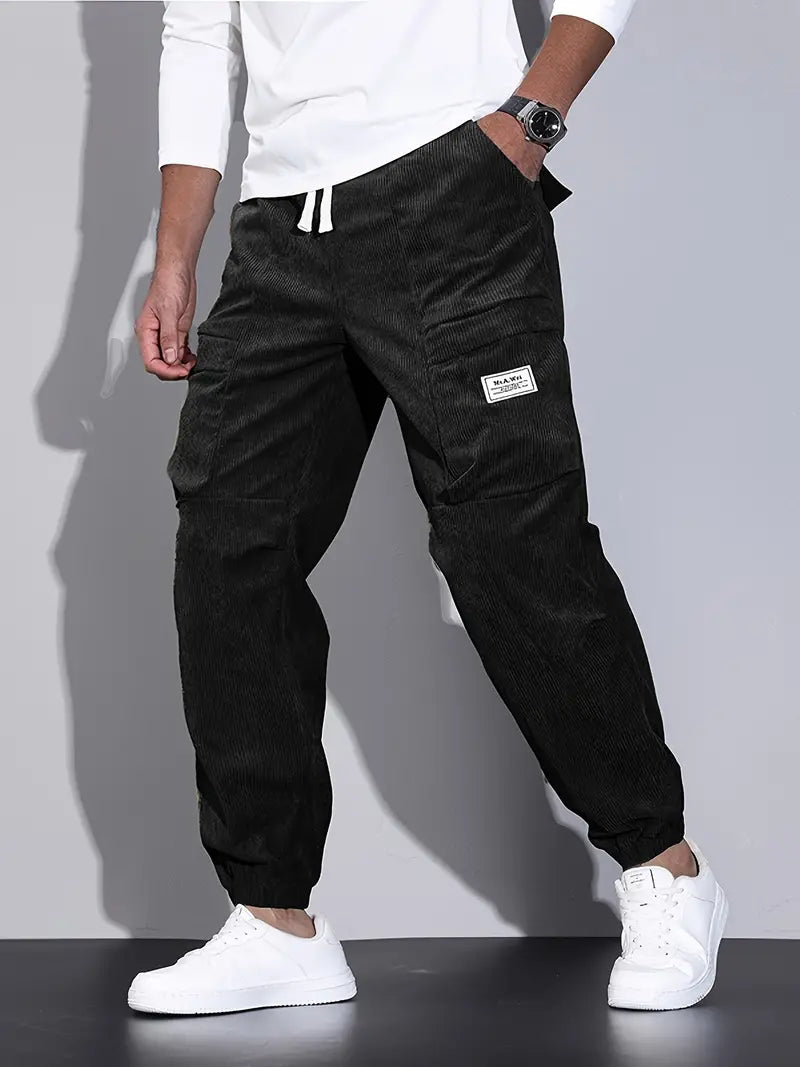 Pantalon Cargo Ajusté pour Homme – Pantalon en Velours Côtelé Confortable - Noir