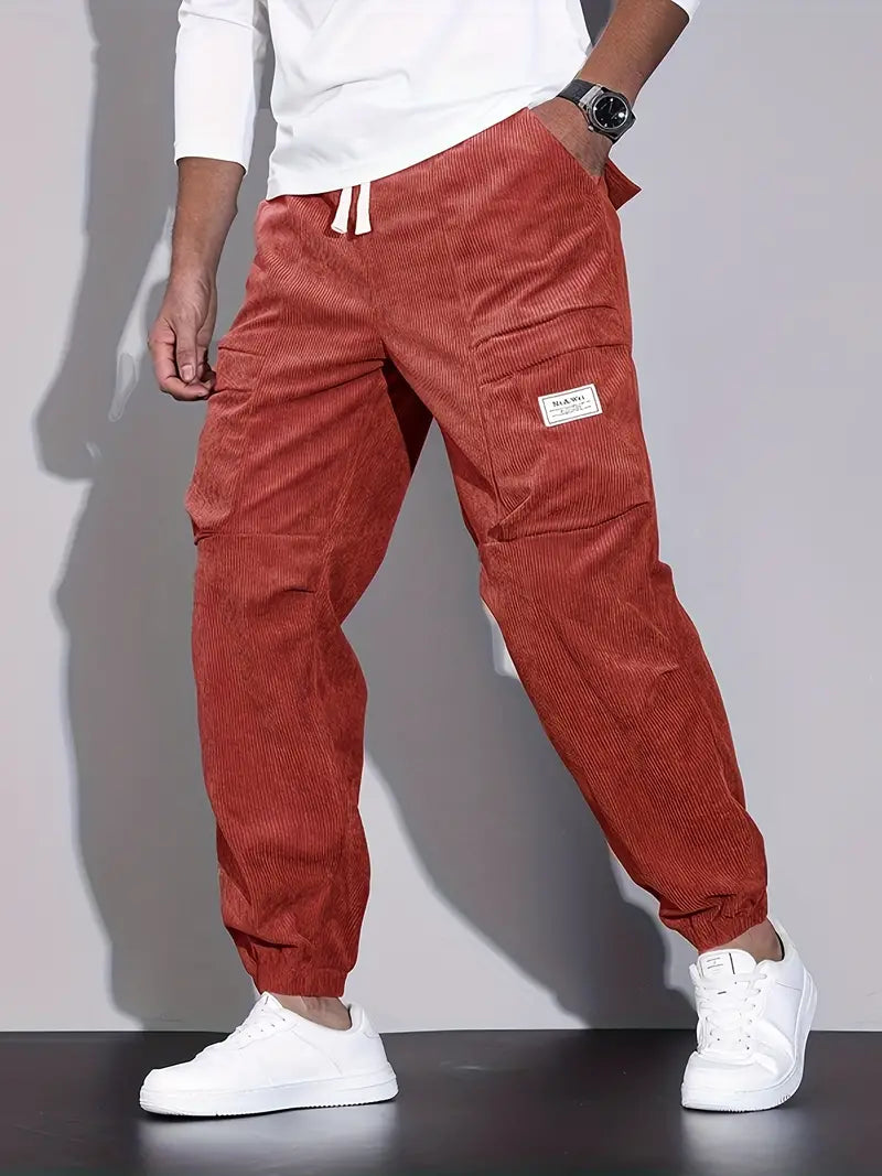 Pantalon Cargo Ajusté pour Homme – Pantalon en Velours Côtelé Confortable - Rouge