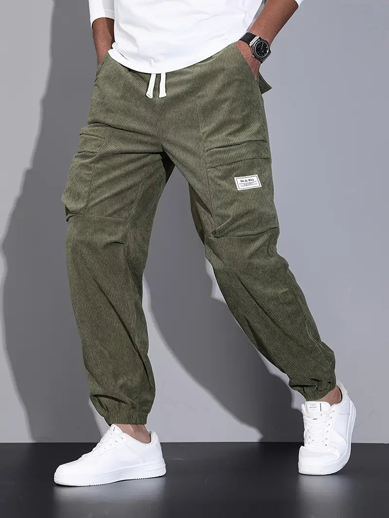 Pantalon Cargo Ajusté pour Homme – Pantalon en Velours Côtelé Confortable - Vert armée