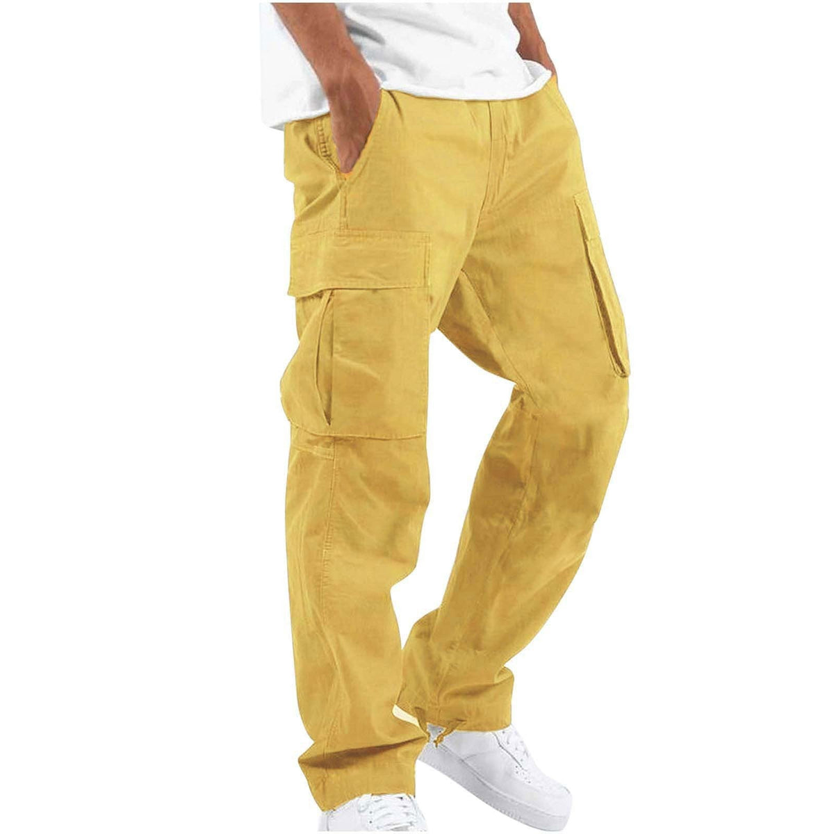 Pantalon Cargo Homme Coupe Ample à Jambes Larges – Pantalon Décontracté en Coton Mélangé - Jaune