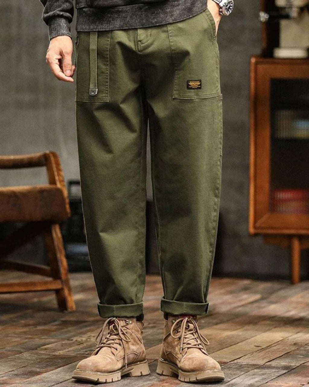 Pantalon Cargo Vintage Premium Homme – Pantalon Décontracté Élégant - Vert armée