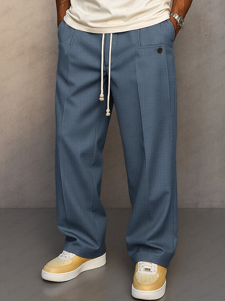 Pantalon Coton Homme Coupe Décontractée – Jambe Large Unie avec Cordon - Bleu