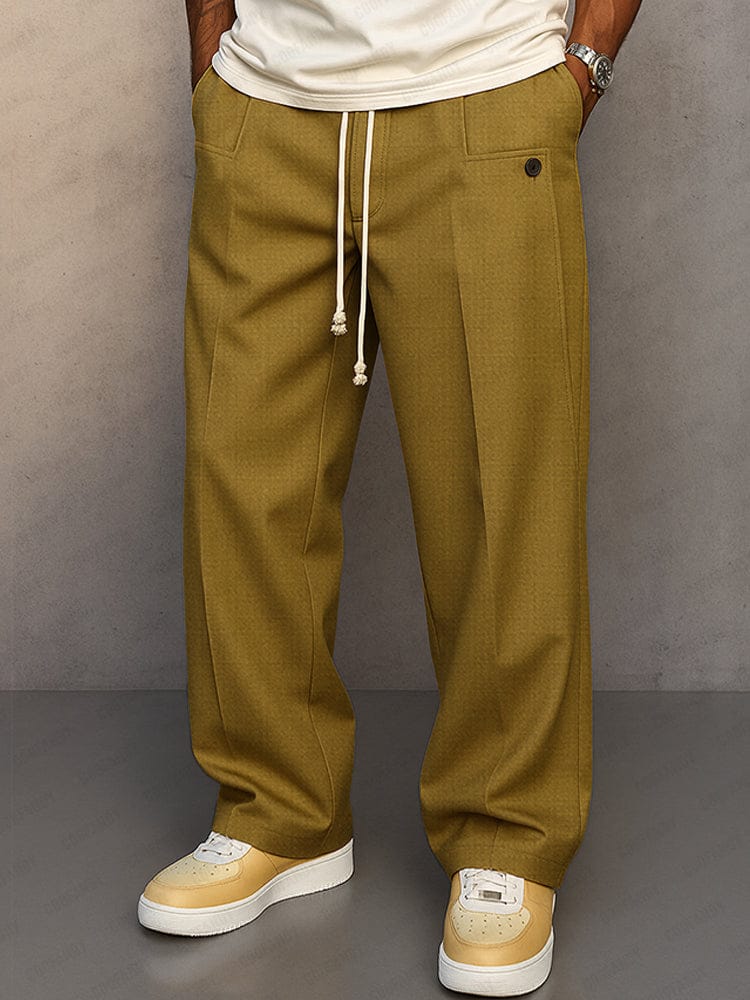 Pantalon Coton Homme Coupe Décontractée – Jambe Large Unie avec Cordon - Kaki