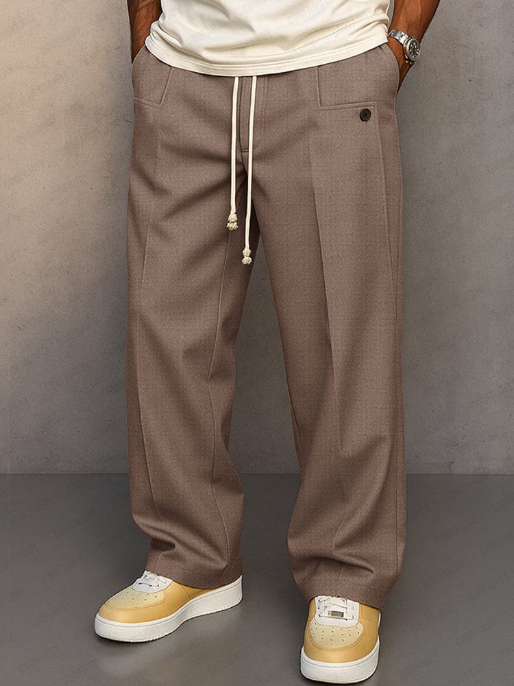 Pantalon Coton Homme Coupe Décontractée – Jambe Large Unie avec Cordon - Marron clair