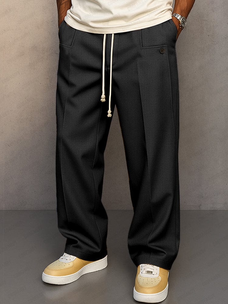 Pantalon Coton Homme Coupe Décontractée – Jambe Large Unie avec Cordon - Noir