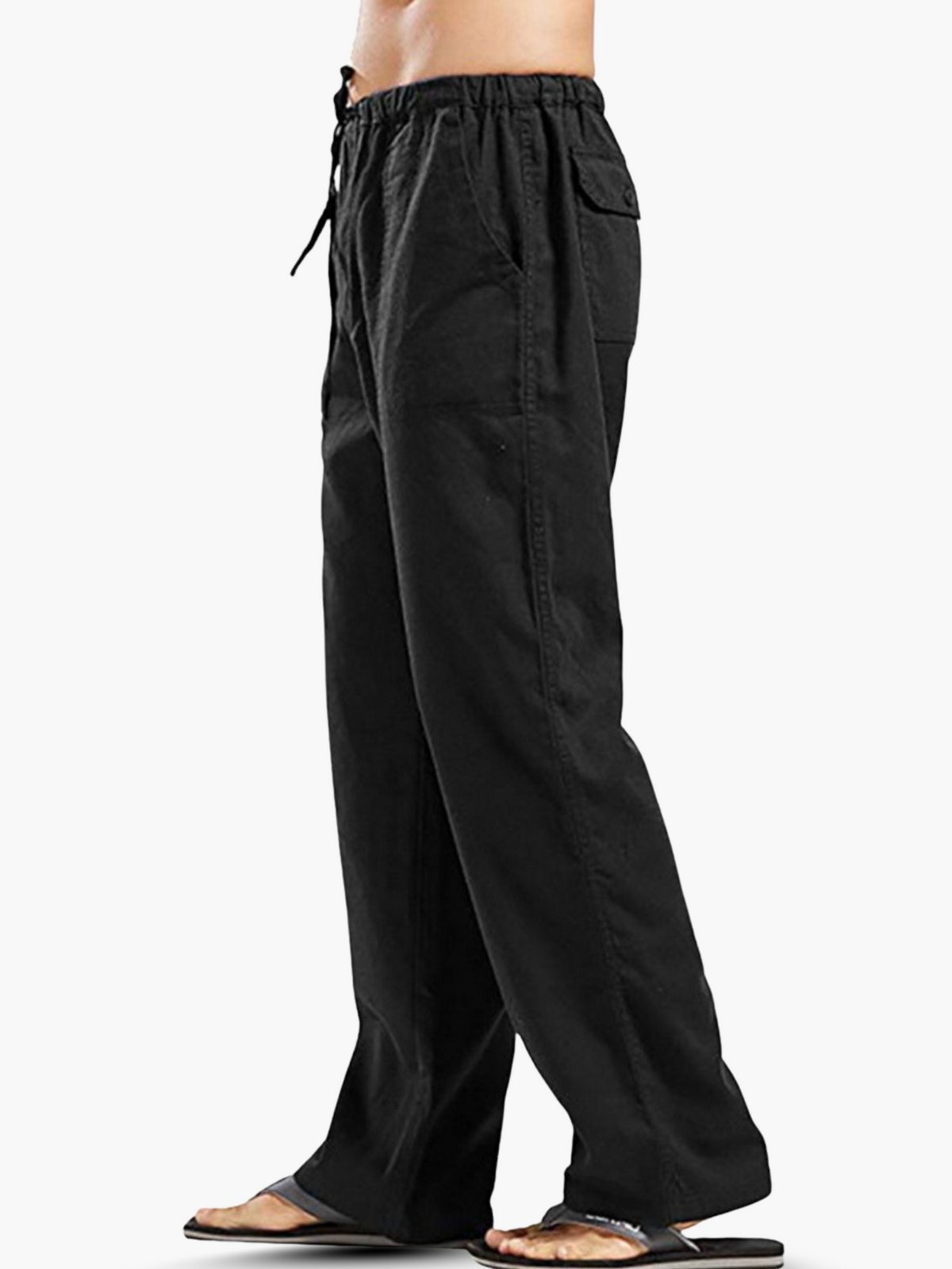 Pantalon Homme Coton-Lin à Cordon – Confort Léger Décontracté - Noir