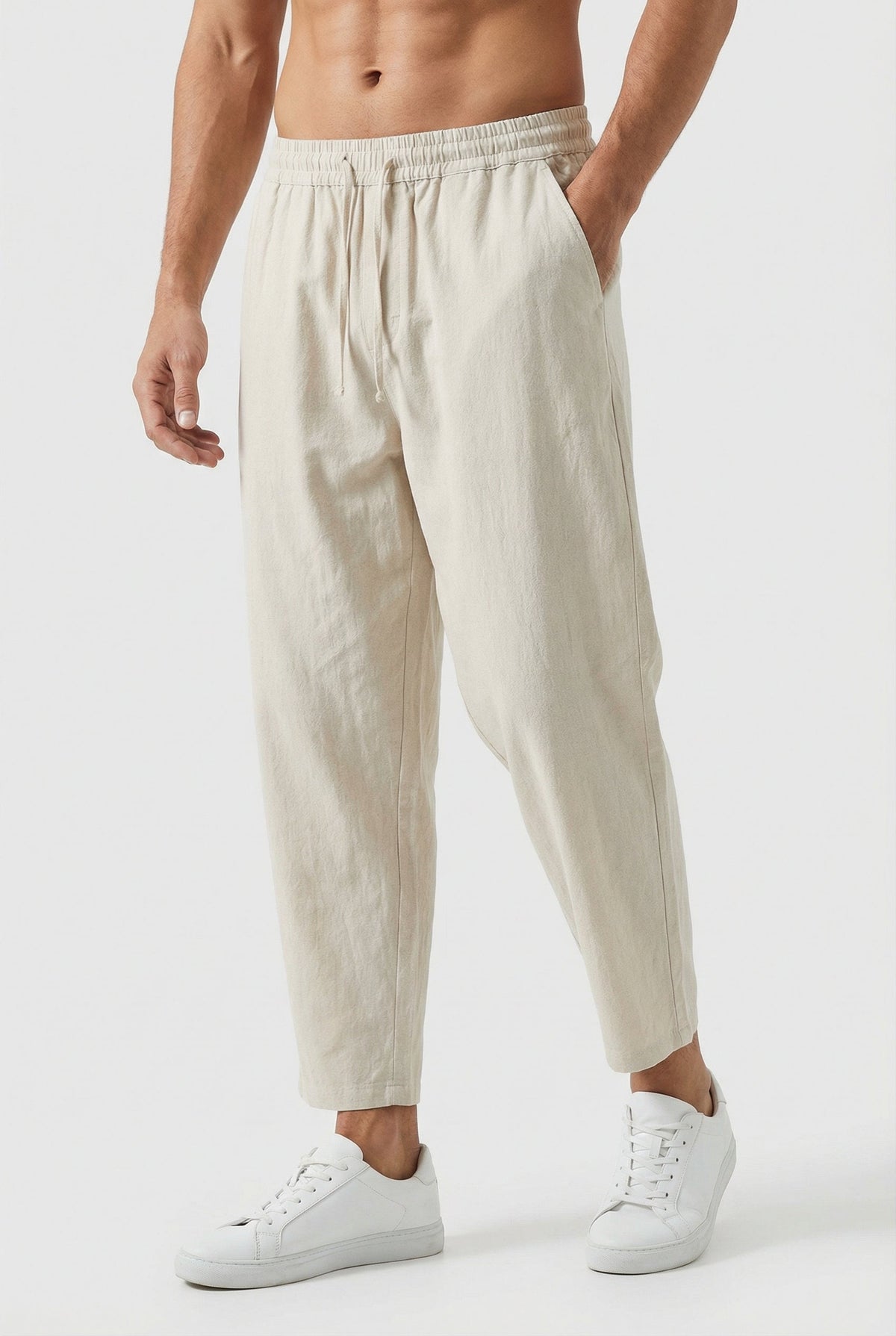 Pantalon Homme Coton-Lin – Coupe Ample Style Estival avec Poches - Beige