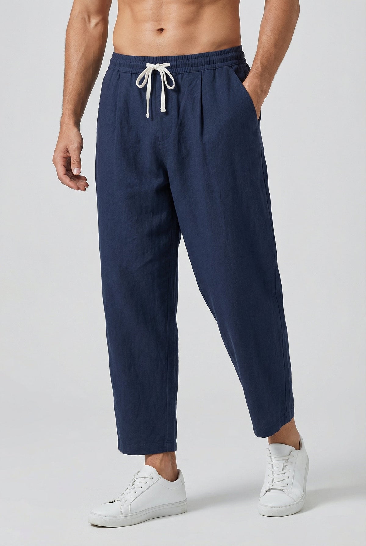 Pantalon Homme Coton-Lin – Coupe Ample Style Estival avec Poches - Bleu marine