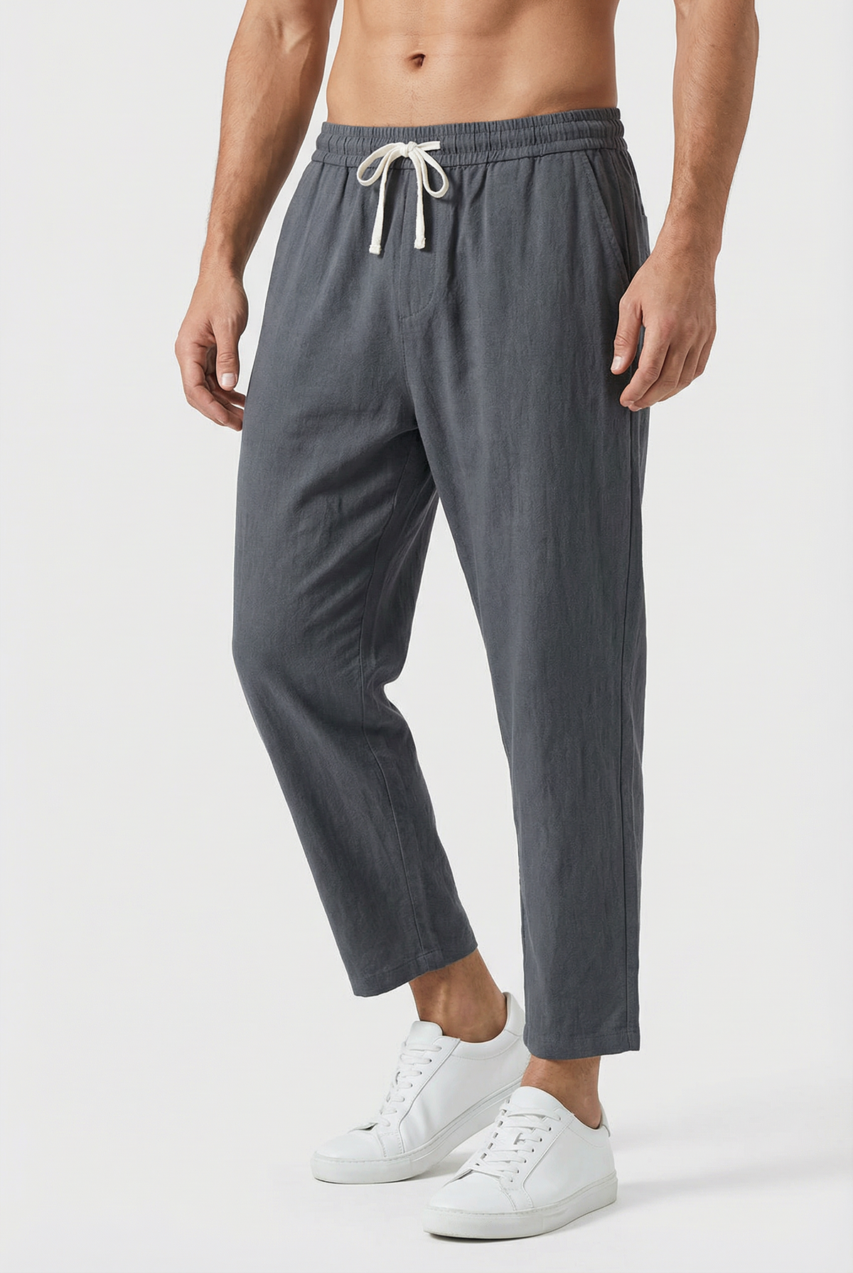 Pantalon Homme Coton-Lin – Coupe Ample Style Estival avec Poches - Gris