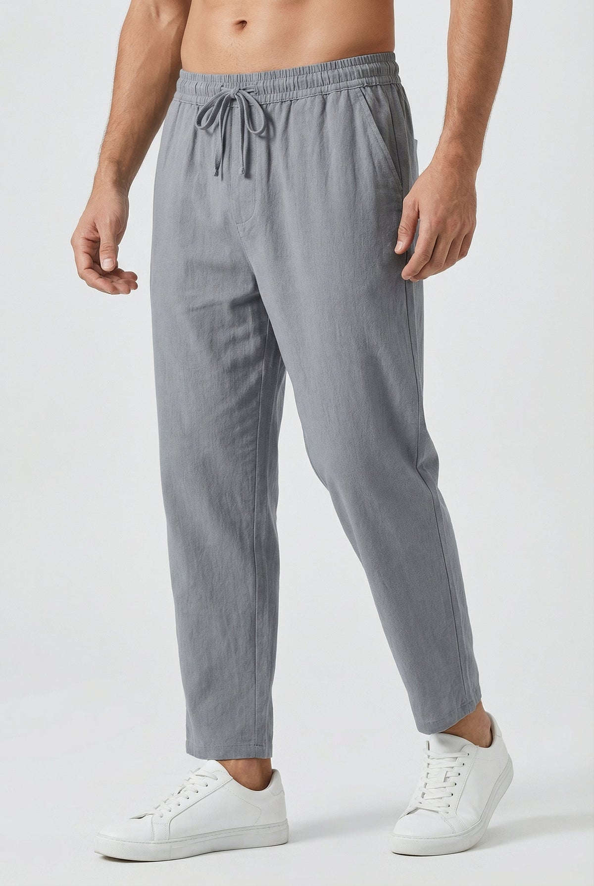 Pantalon Homme Coton-Lin – Coupe Ample Style Estival avec Poches - Gris clair