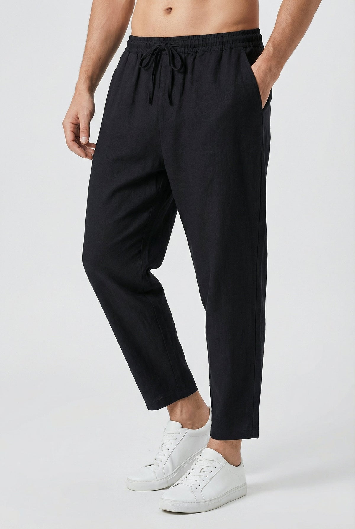 Pantalon Homme Coton-Lin – Coupe Ample Style Estival avec Poches - Noir