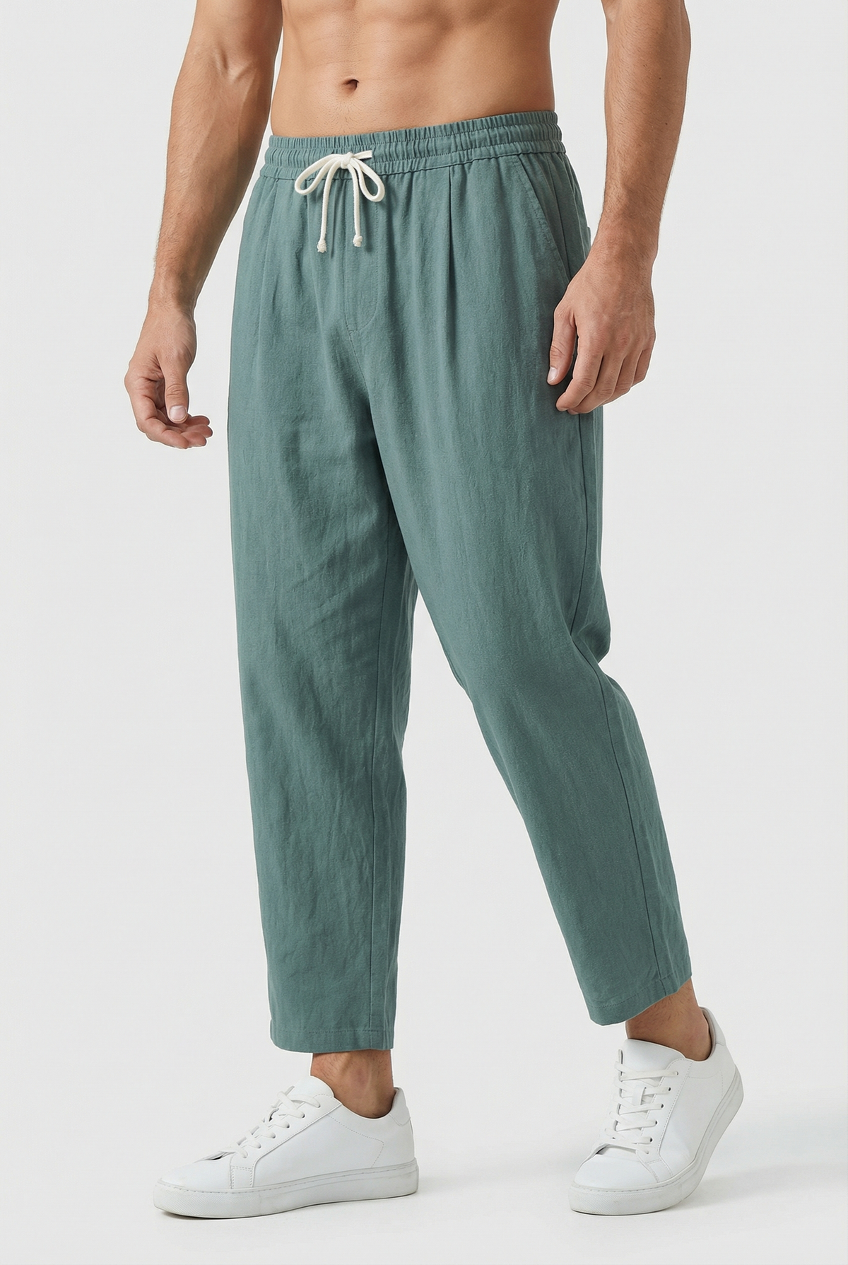 Pantalon Homme Coton-Lin – Coupe Ample Style Estival avec Poches - Verte