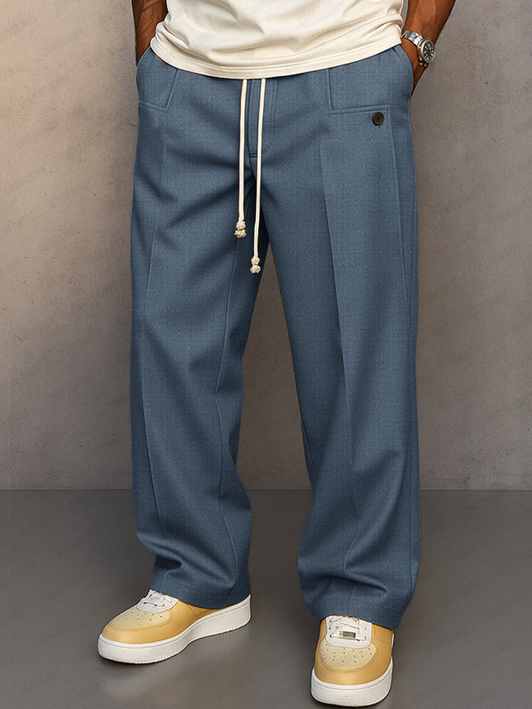 Pantalon Homme Mélange Coton à Taille Élastique avec Cordon – Pantalon Décontracté Style Large - Bleu