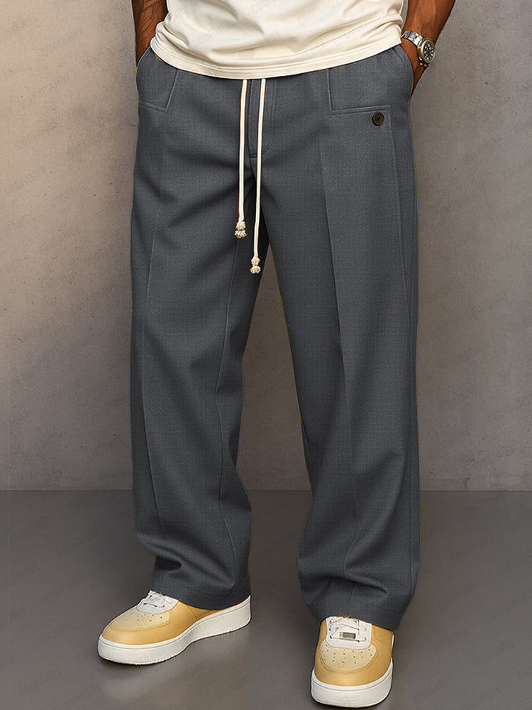 Pantalon Homme Mélange Coton à Taille Élastique avec Cordon – Pantalon Décontracté Style Large - Gris