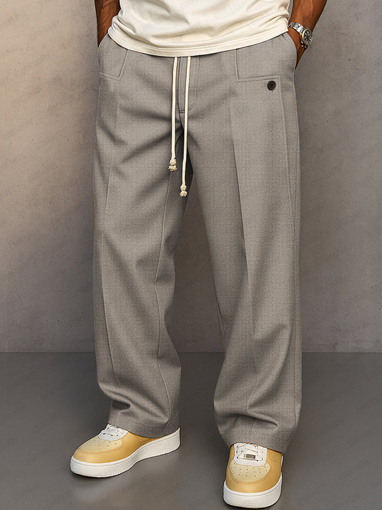 Pantalon Homme Mélange Coton à Taille Élastique avec Cordon – Pantalon Décontracté Style Large - Gris clair