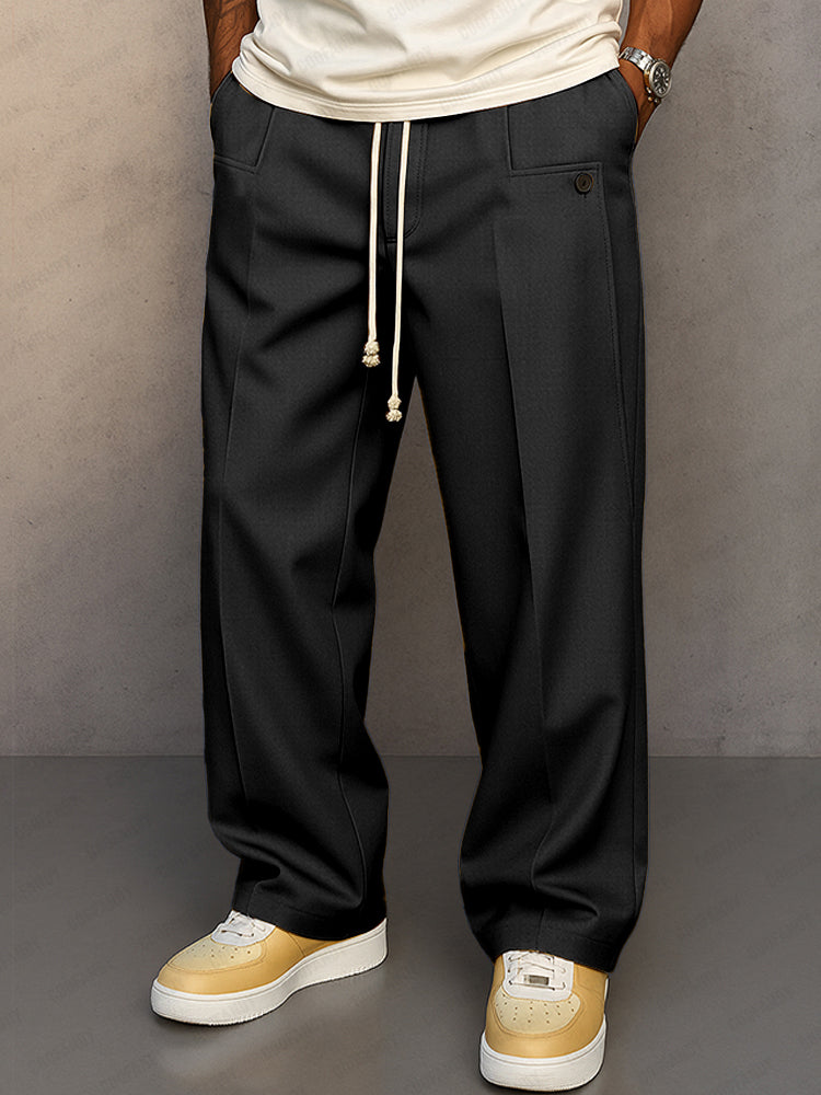 Pantalon Homme Mélange Coton à Taille Élastique avec Cordon – Pantalon Décontracté Style Large - Noir