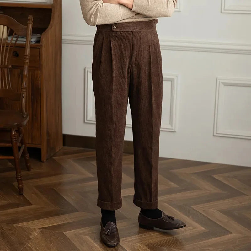 Pantalon homme plissé en velours côtelé - Marron