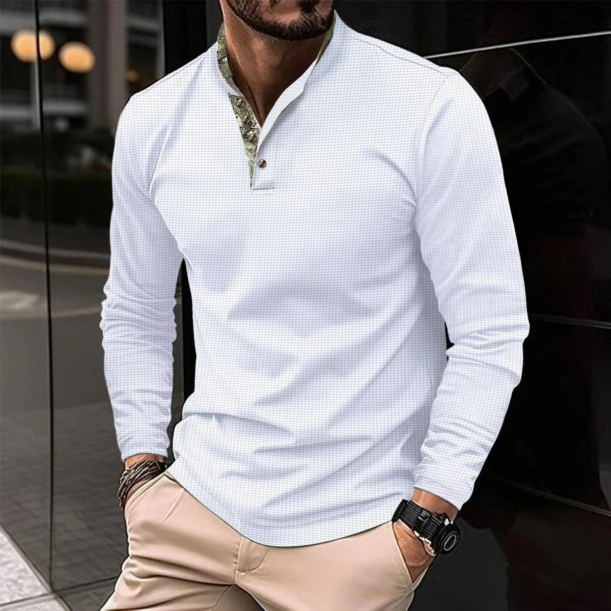 Polo à Manches Longues Premium pour Homme – Chemise Col Montant Élégante - Blanc