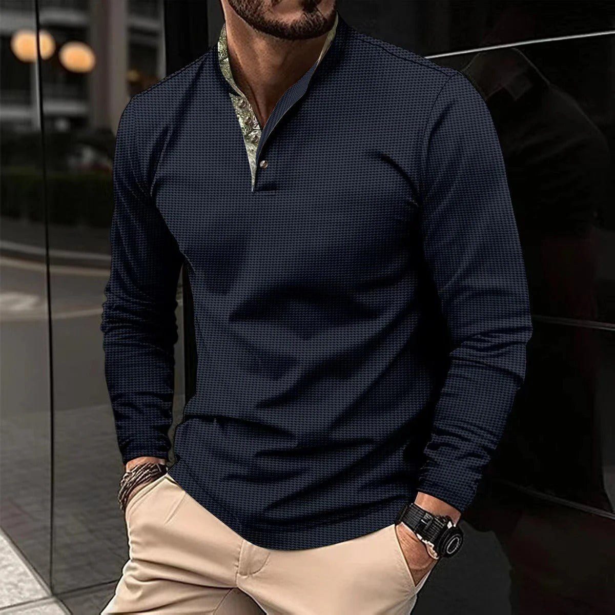 Polo à Manches Longues Premium pour Homme – Chemise Col Montant Élégante - Bleu marine