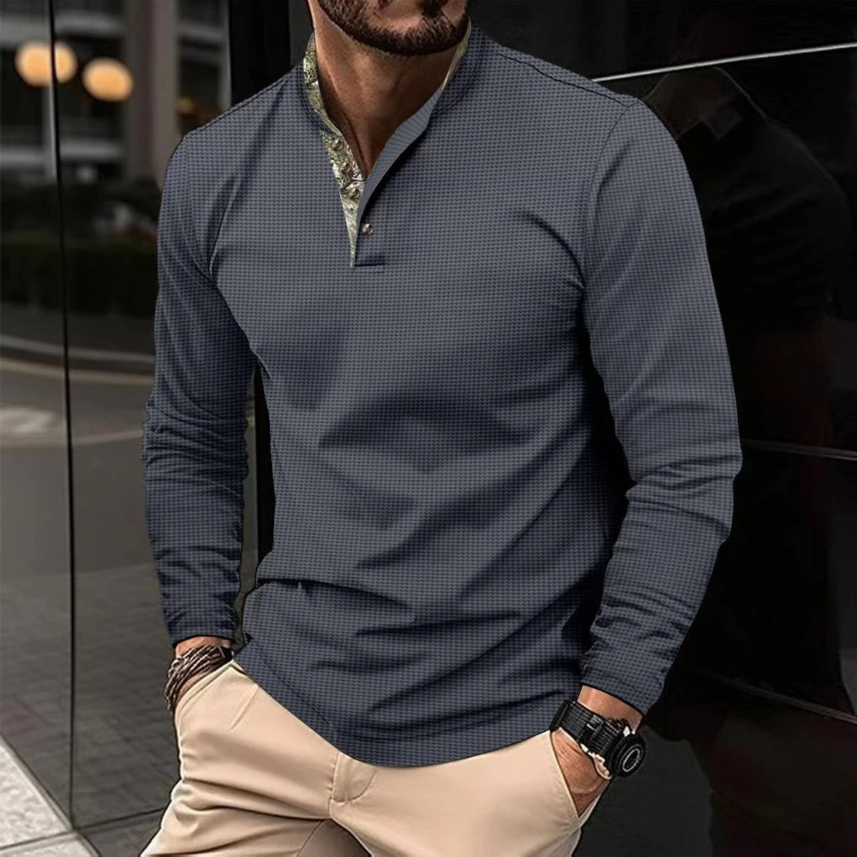 Polo à Manches Longues Premium pour Homme – Chemise Col Montant Élégante - Gris