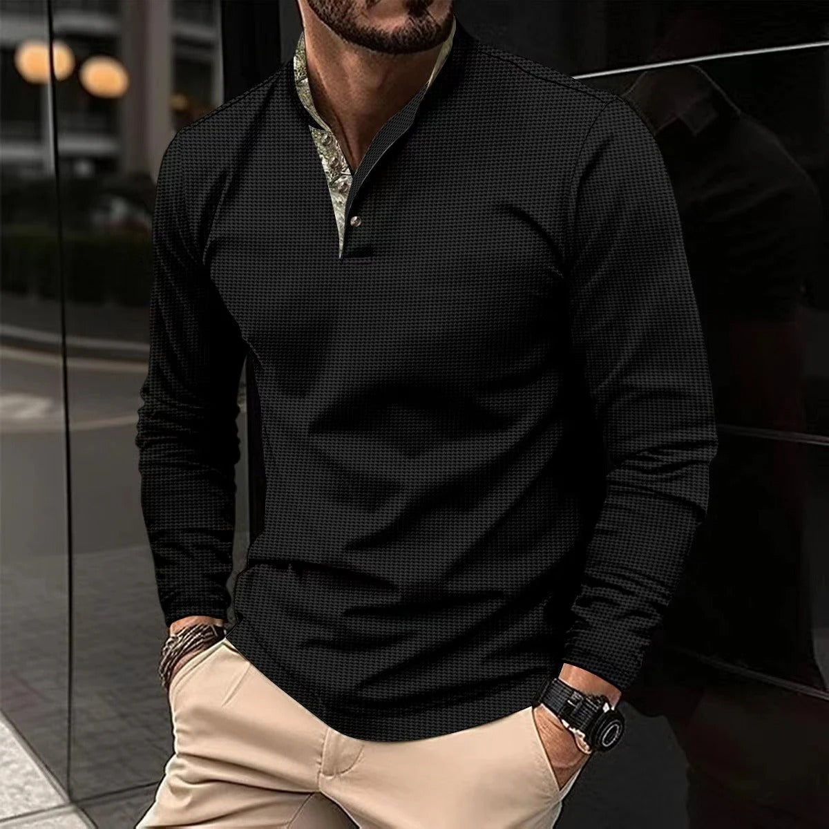 Polo à Manches Longues Premium pour Homme – Chemise Col Montant Élégante - Noir