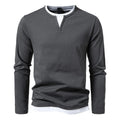 Polo Homme à Manches Longues avec Col Rond et Effet Superposé – Essentiel Décontracté et Stylé - Gris